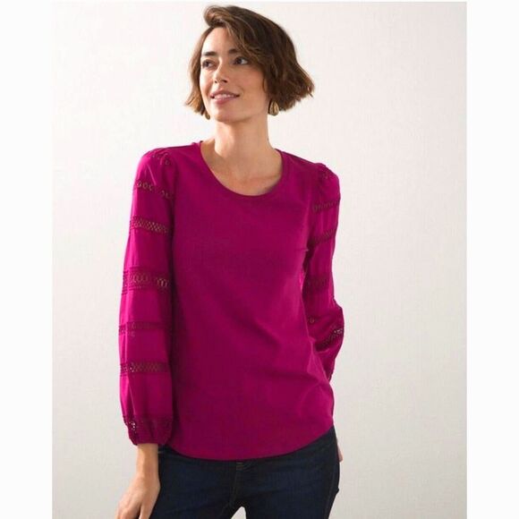 Chicos Top Size 2 Womens Large Lace Cut Out Sleeve Dark Pink Stretch Pullover - Picture 1 of 9
